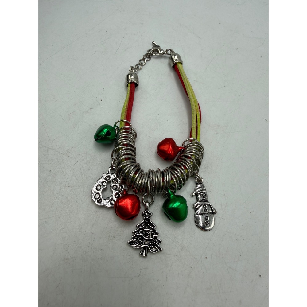 Christmas Charm Bracelet Jingle Bells Snowman Tree Wreath Red Green Silver Tone